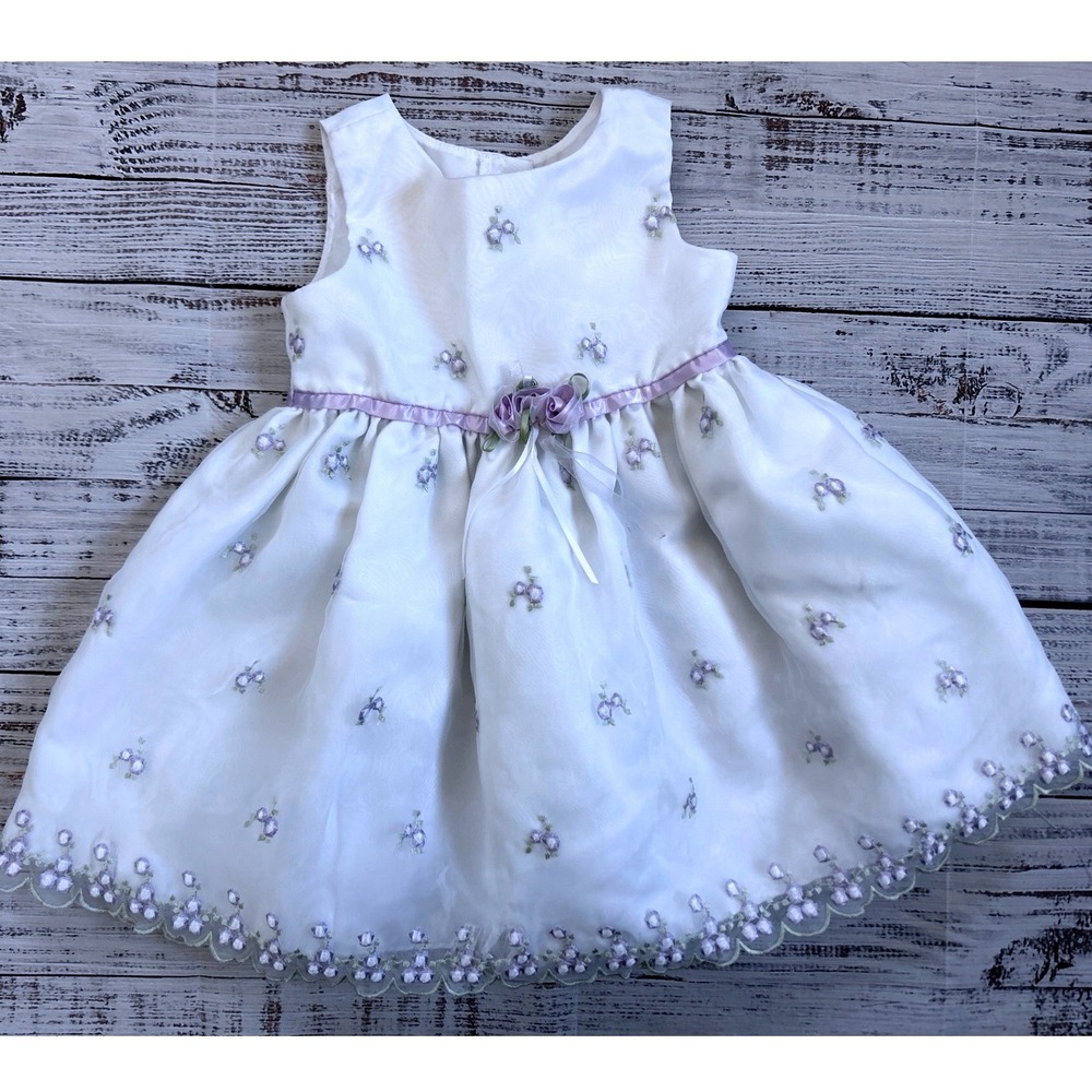Youngland‎ Baby Girl White Purple Floral Embroidered Dress 18M Special Occasion